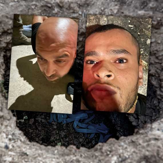 המחבלים שנתפסו; ברקע: מנהרת ההימלטות מכלא גלבוע